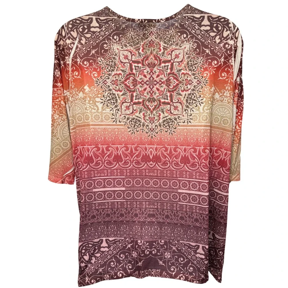 CATHERINES Orange Paisley Embellished V-Neck Tunic Top 2X Boho-Chic Art-to-Wear